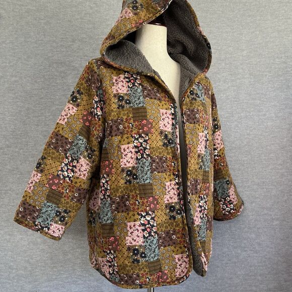 Patchwork Boho Fleece Chore Coat M/L Hooded Reversible Embroidered Cottagecore - Picture 3 of 12